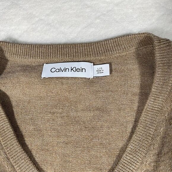 Calvin Klein Men's Sz Lg Sweater V-Neck Wool Blend Preppy GrandpaCore Tan Casual - Picture 3 of 7